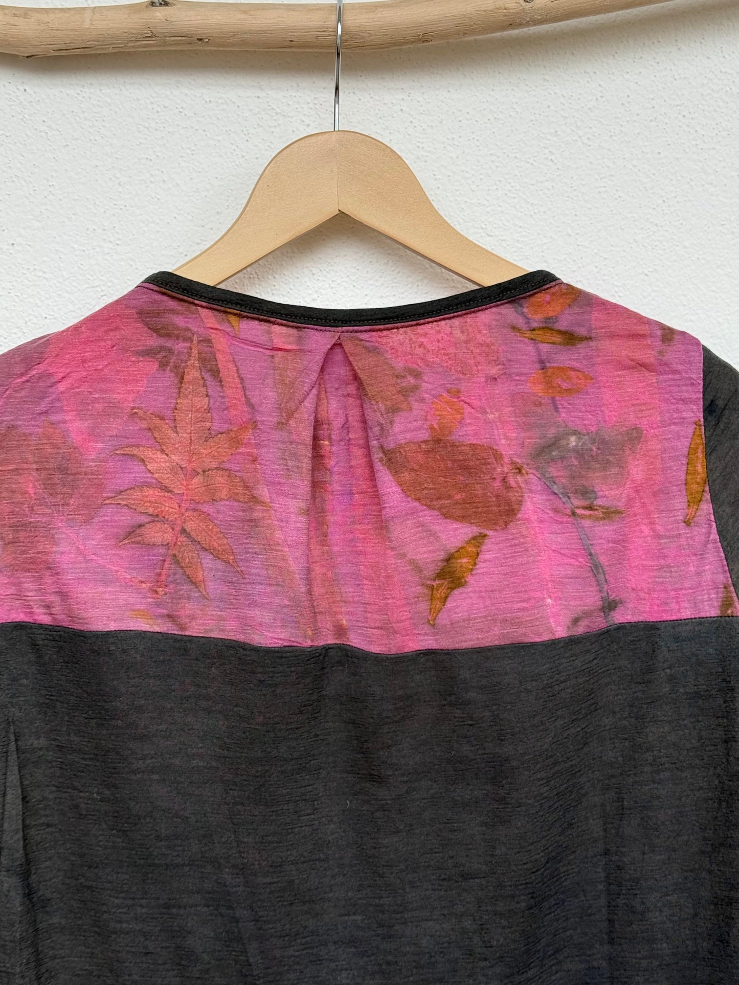 back part detail with plant eco-print of a naturally dyed merino wool women's top