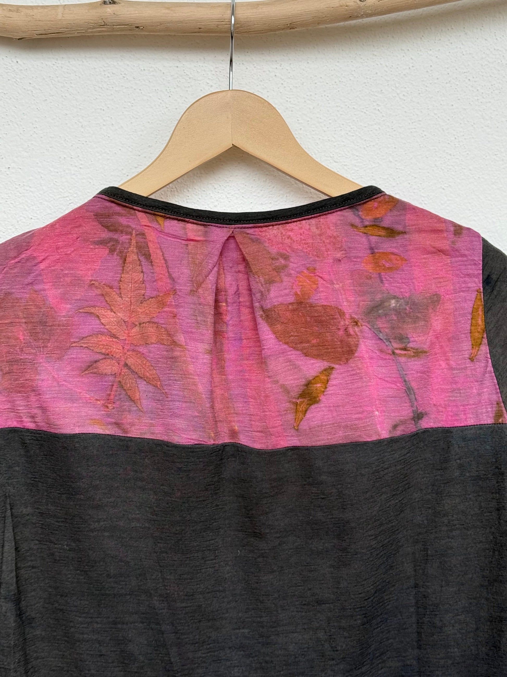 back part detail with plant eco-print of a naturally dyed merino wool women's top