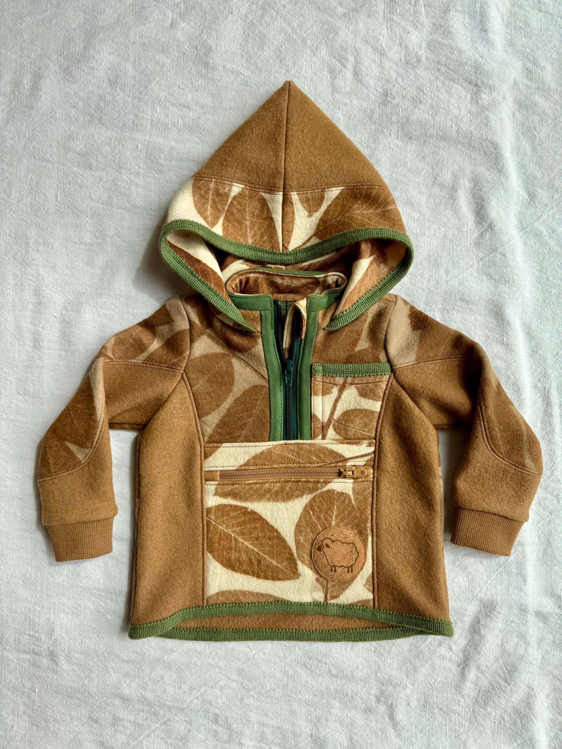 Children's naturally dyed hoodie with walnut leaf eco-print, dyed with walnut husks and chlorophyllin green by DOT 'N' POT