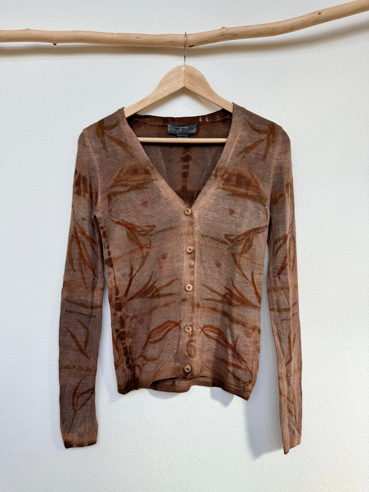 Sweater naturally dyed with cutch and walnut husks, eco-printed with eucalyptus leaves by DOT 'N' POT