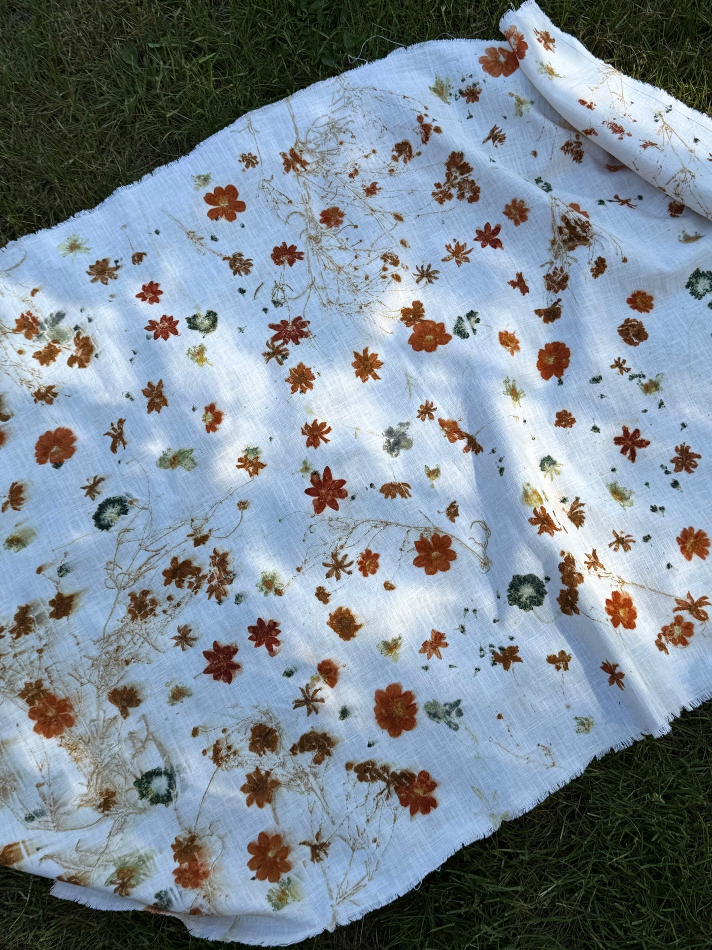 Eco-printed linen fabric with colofrul flowers, naturally dyed