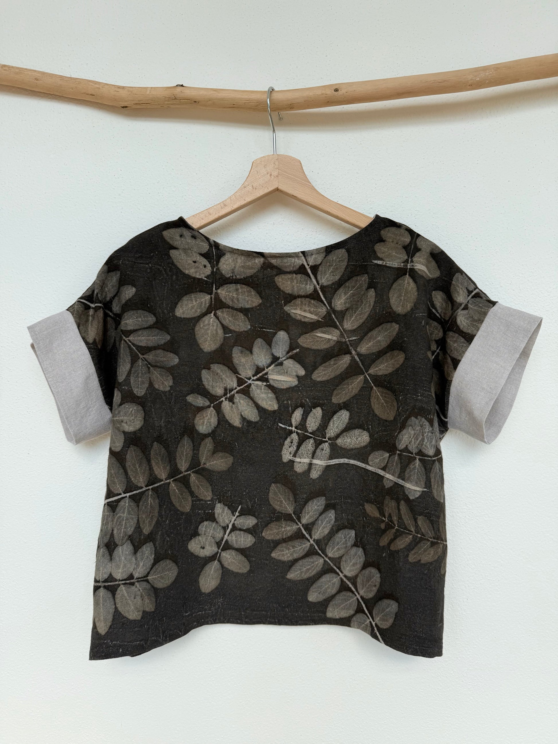back view of a linen boxy top with eco-printed robinia leaves and naturally gray dyed background by DOT 'N' POT